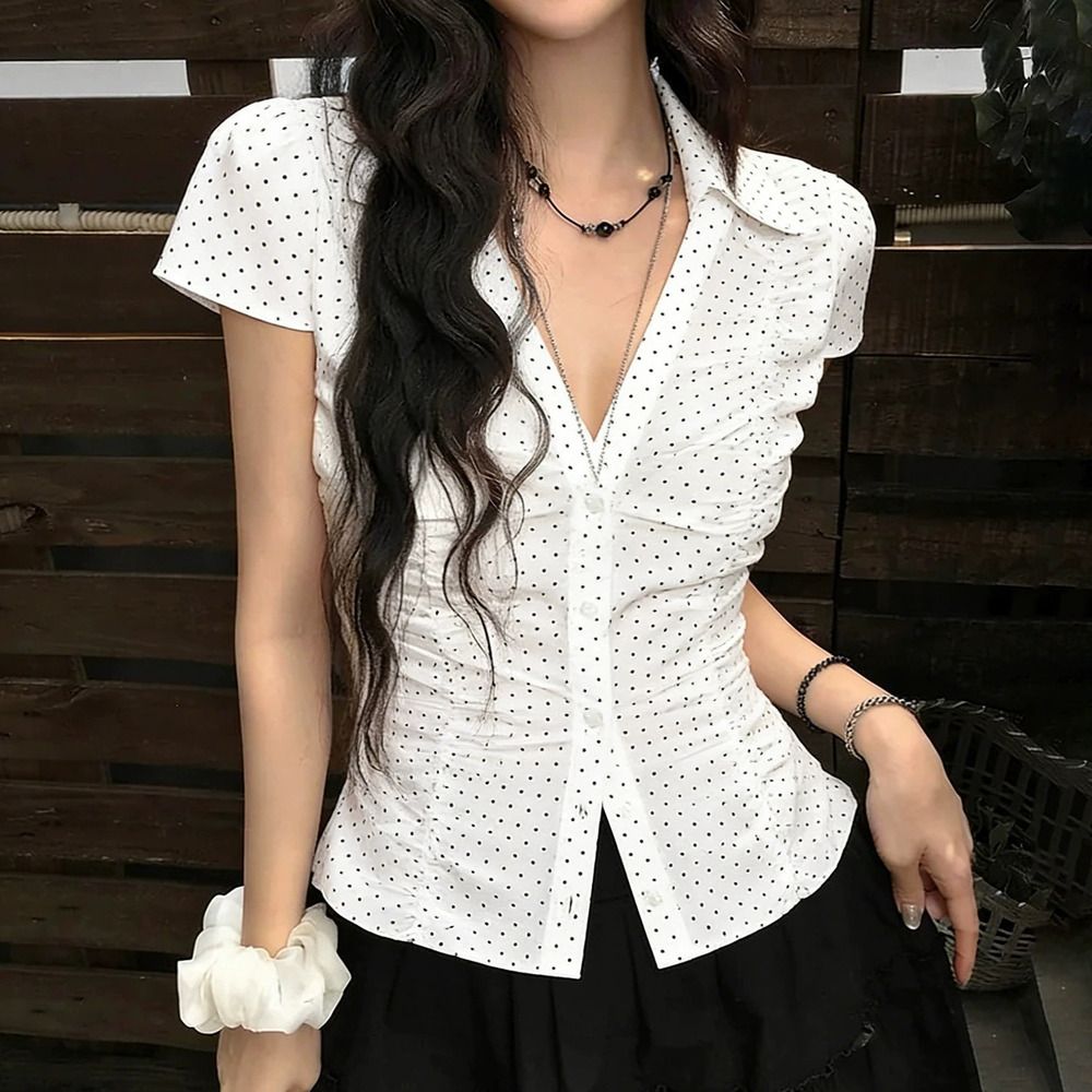 Zara Polka Dot Turn Collar Slim Short Sleeve Youthful Summer Top